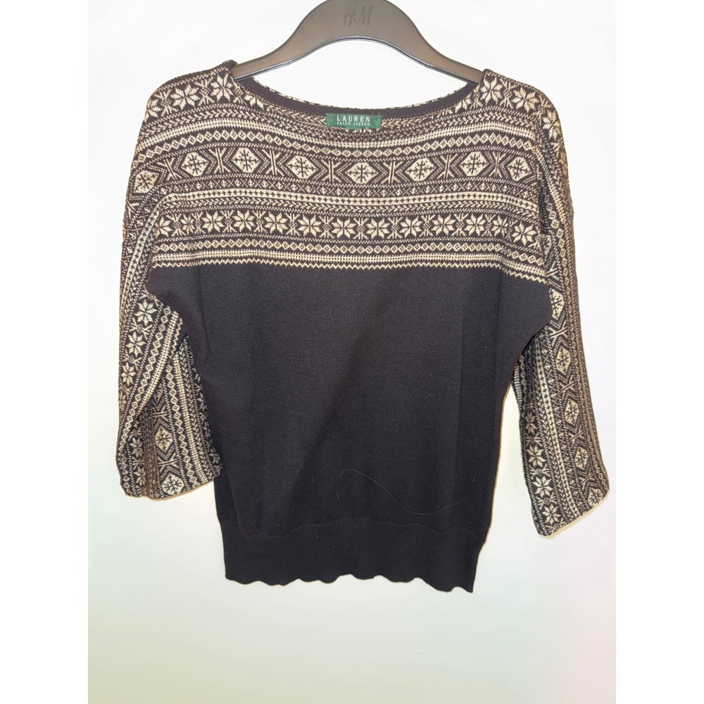 Lauren Ralph Lauren Fair Isle Metallic Knit Sweater Black Gold Boat Neck L Large